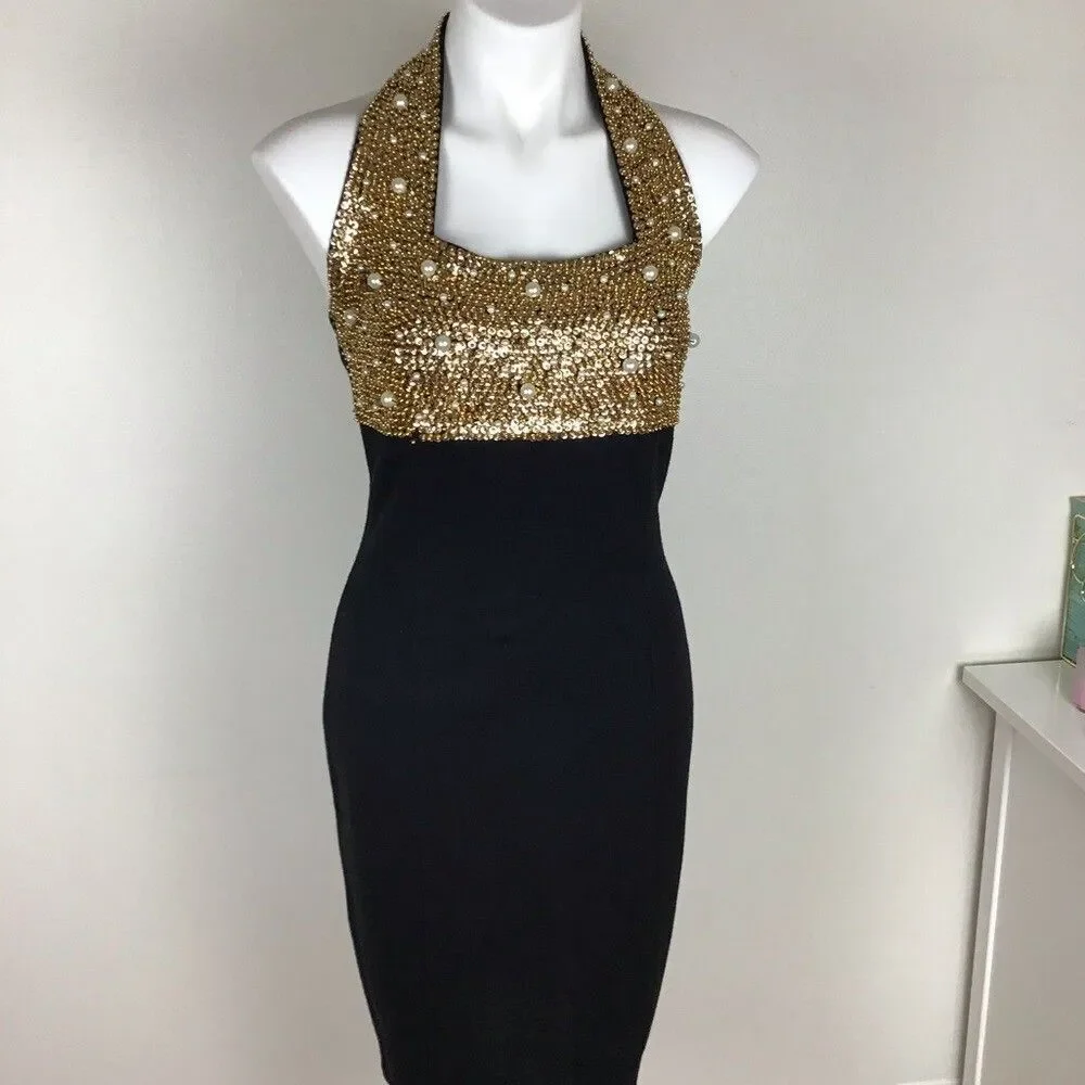 Outlander Studio Gold  Sequence Dress With White Pearls And Black  Bottom size M
